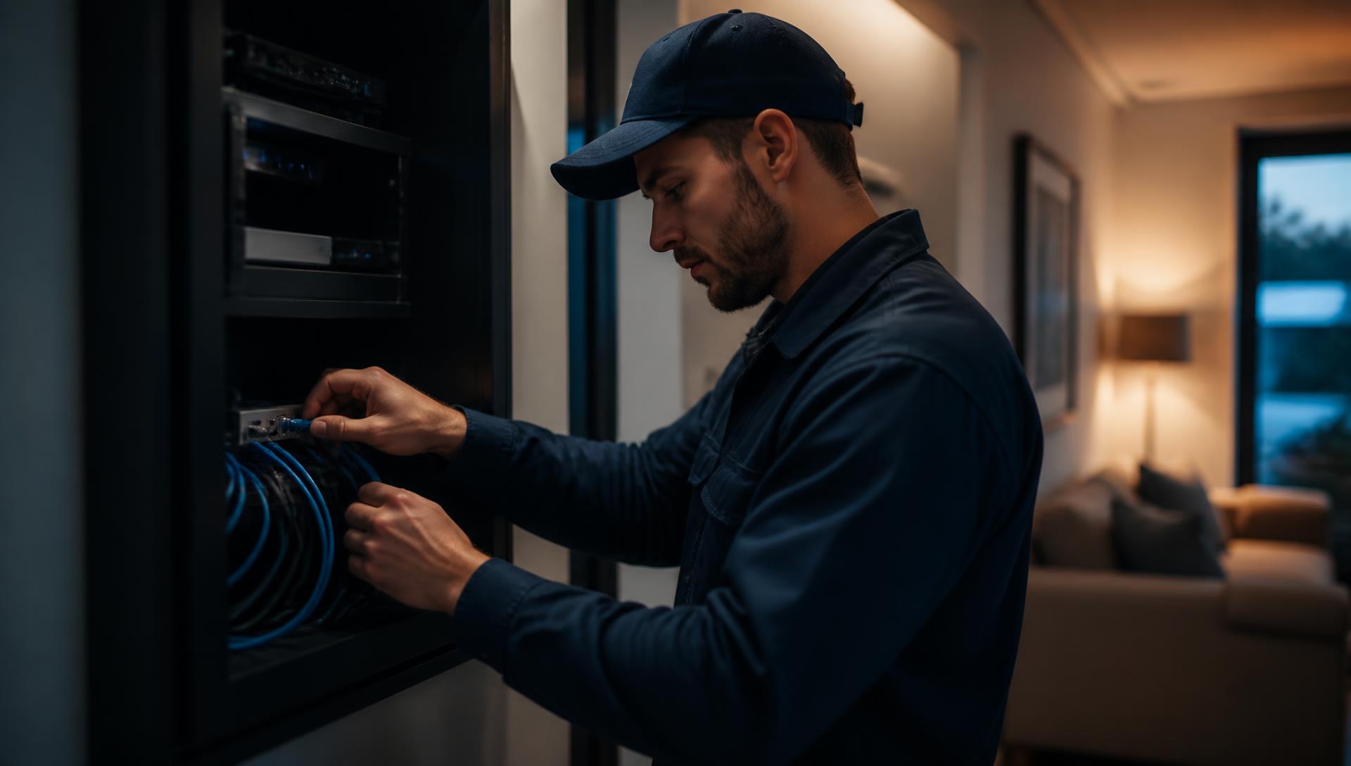 Técnico uniformizado instalando equipamentos de rede em uma residência
